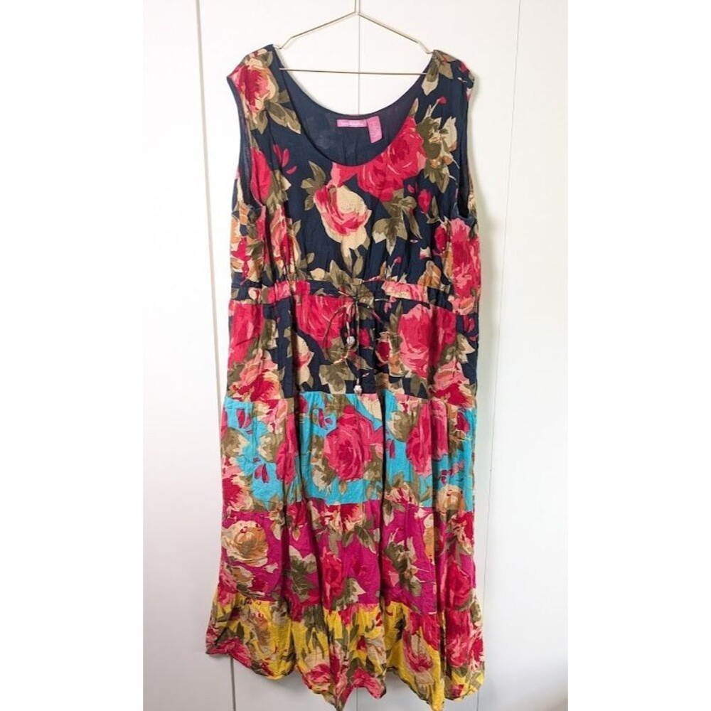 Woman Within 3X Floral Tiered Maxi Dress Cotton Drawstring Waist Multi Color